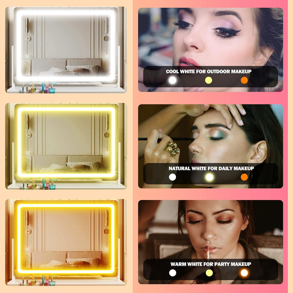 Lighted Makeup Mirror, 17.3"x13" Hollywood Vanity Mirror with Lights, Three Color Lighting Modes, and 5X Magnification