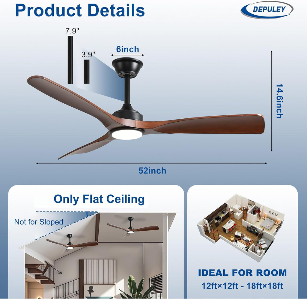 52-Inch Ceiling Fan with Light: Walnut 3 Blade Outdoor Fans for Patios - Dimmable Indoor Fan with Remote APP Control Ultra Quiet DC Motor Reversible 6 Speed Timer