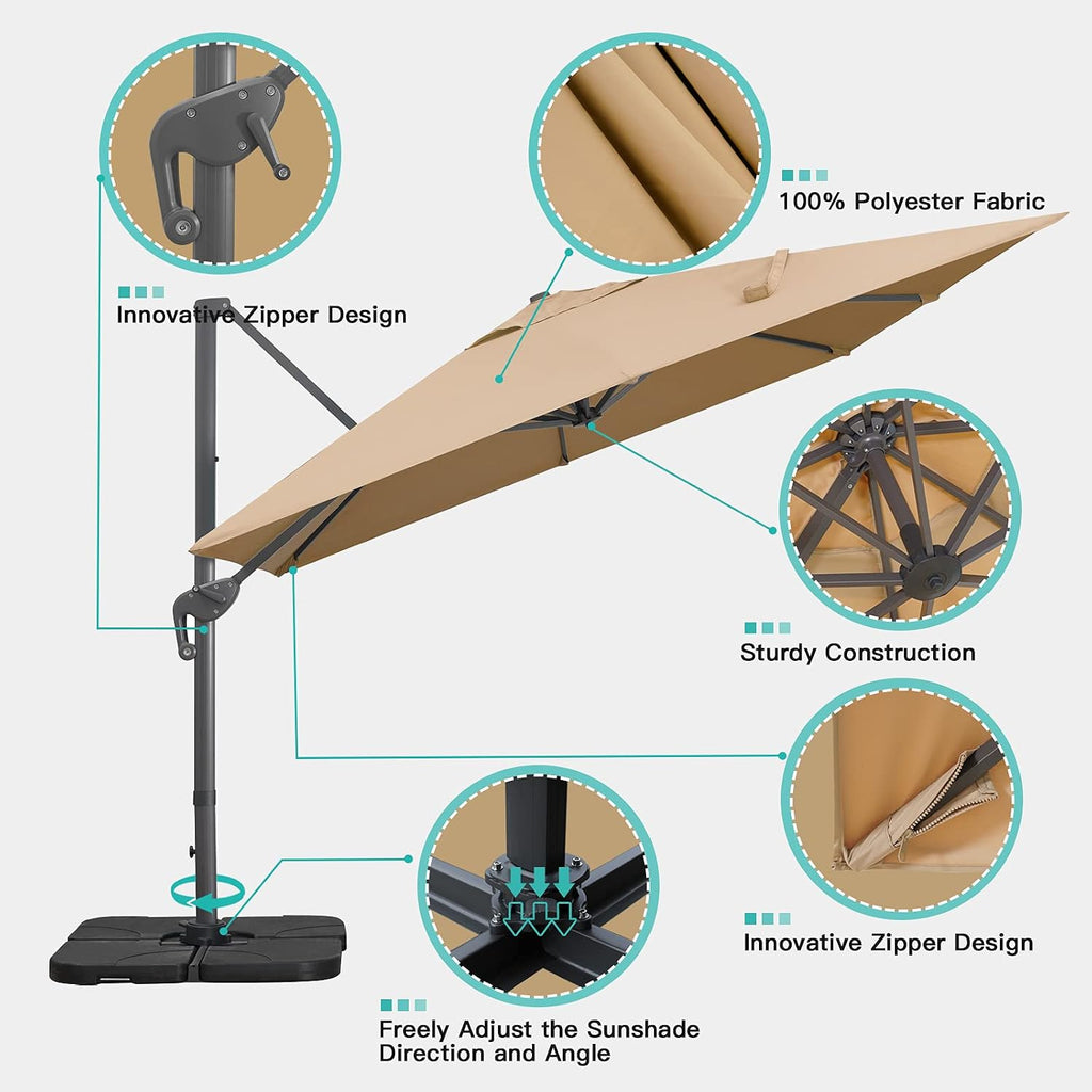 10x13Ft Cantilever Patio Umbrella Rectangular Deluxe Offset 360°Rotation & Integrated Tilting System Hanging Umbrella