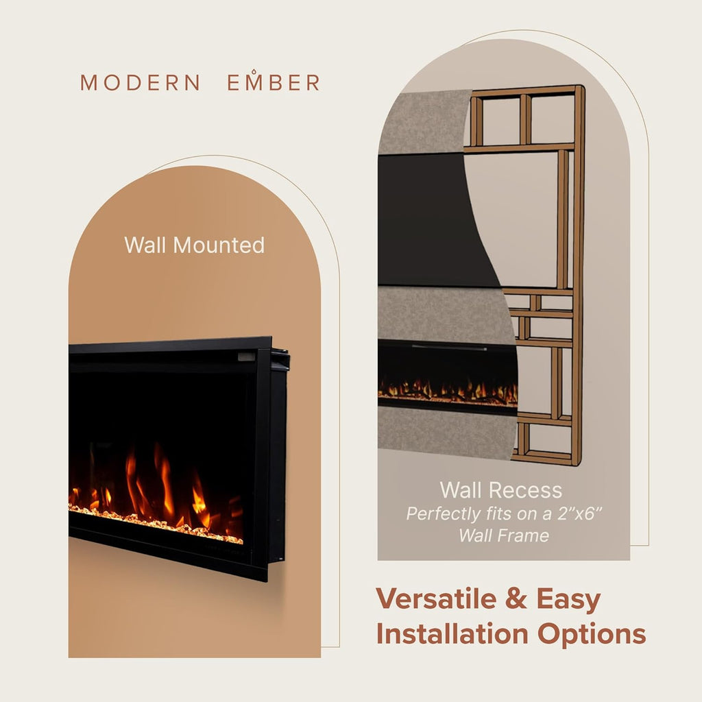 Modern Ember Aerus 72 Inch Smart Linear Electric Fireplace | Recessed in-Wall or Wall-Mount | LED Multiple Flame