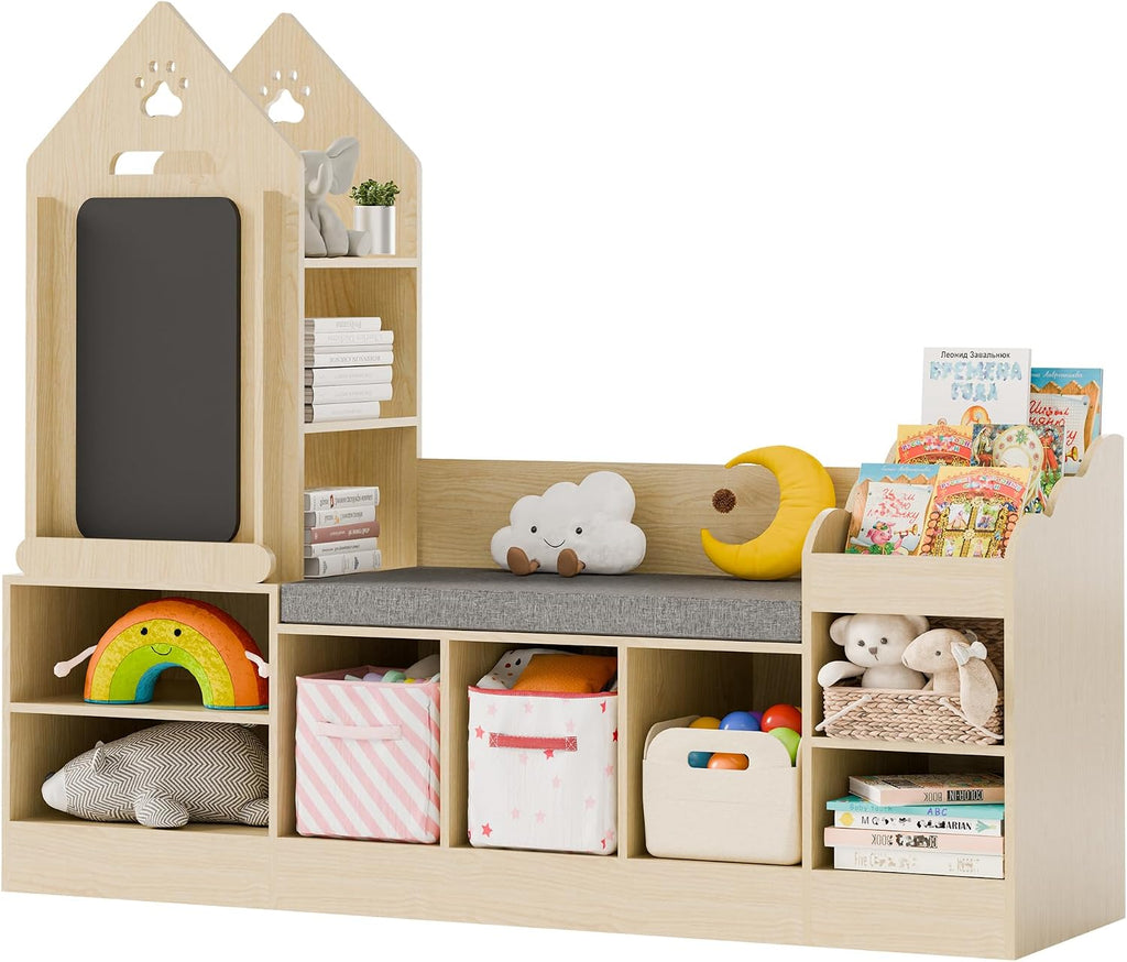 Kids Bookshelf with Reading Nook, Wooden Toy Storage Organizer with Chalkboard and Bench, Kids Reading Nook for