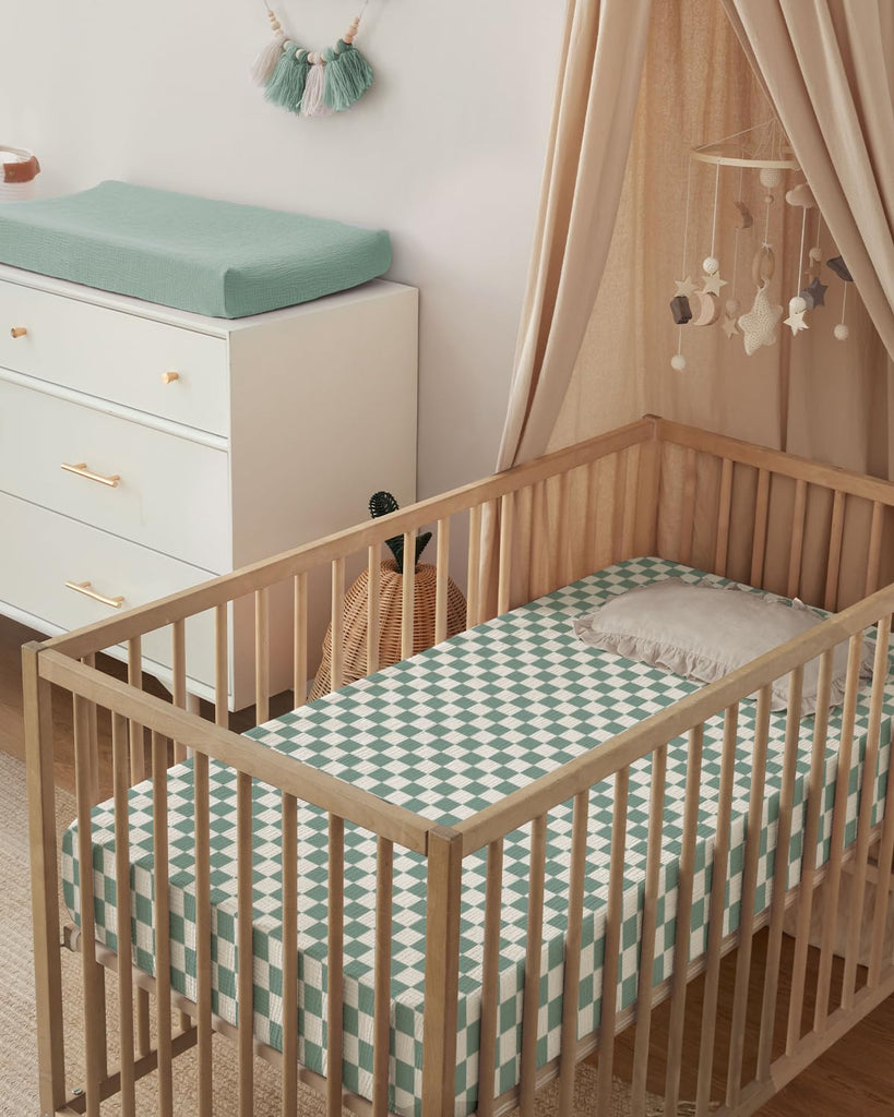 Muslin Crib Sheets, 2 Pack, Sage Checkboard & Sage Green