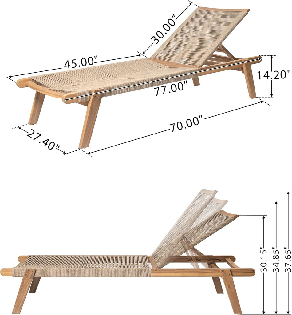 Set of 2 Outdoor Patio Wood Adjustable Chaise Lounges with Rope Seating, Rope Chaise Lounge with Acacia Wood Frame
