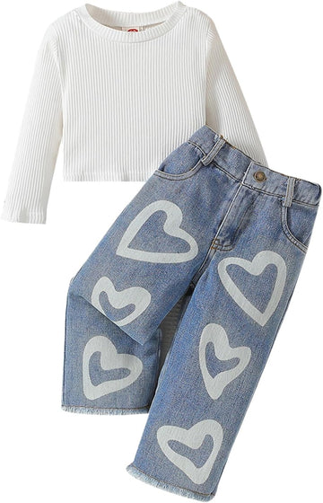 Toddler Girls Clothes 6T Ribbed Baby Kids Girl Denim Outfits Long Sleeve Tops Love Hearts Jeans Pant