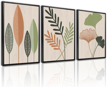 Framed Botanical Wall Art Leaf Art Pieces Zen Canvas Wall Art Set of 3(12"X16") Boho Bedroom Wall Decor Sage Green