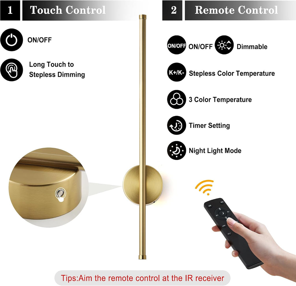 Battery Operated Modern Wall Sconces, Dimmable Wireless Wall Light Set of Two with Remote Control, 3 Color