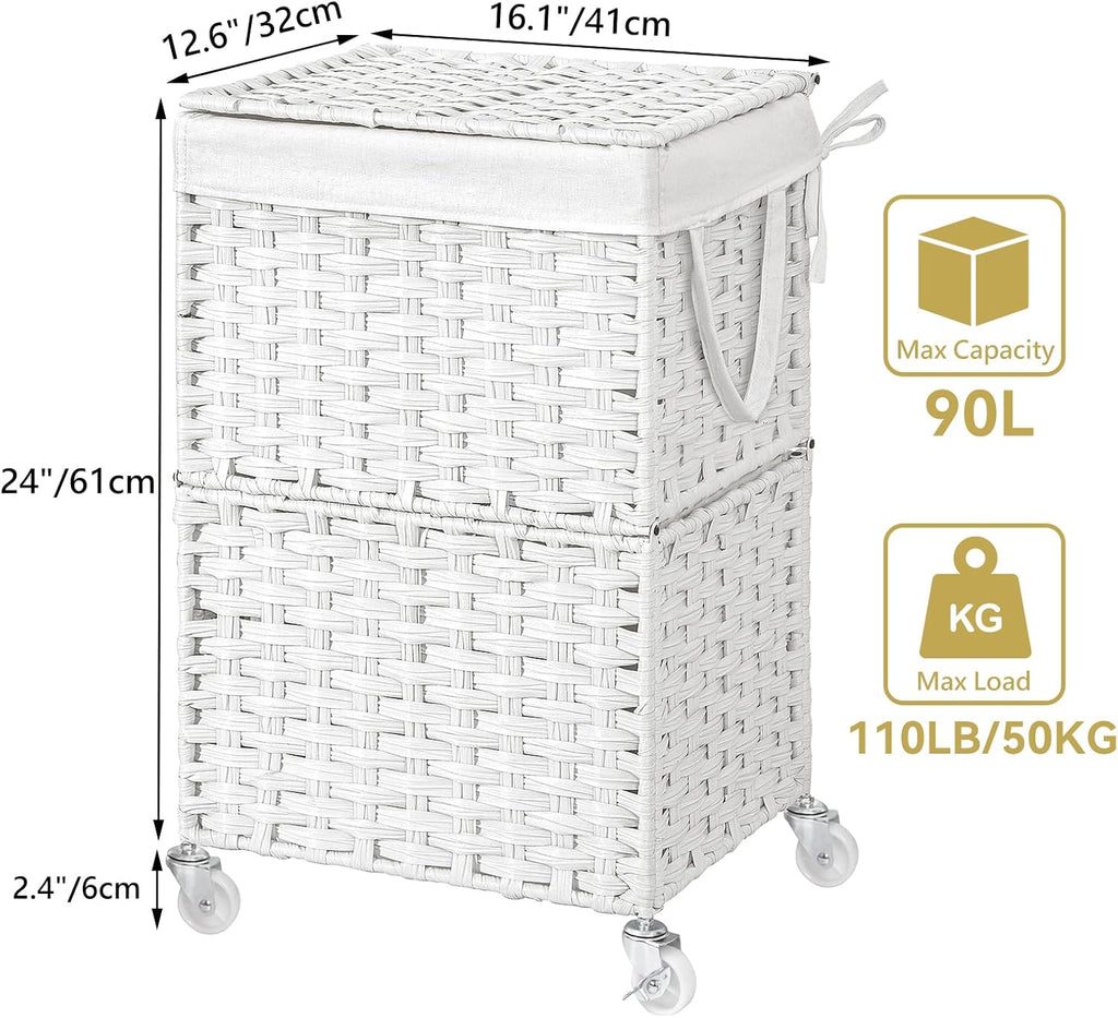 Wicker Laundry Basket with Wheels,Rolling Laundry Hamper with Lid | 90L Slim Clothes Hamper with Wheels & Removable