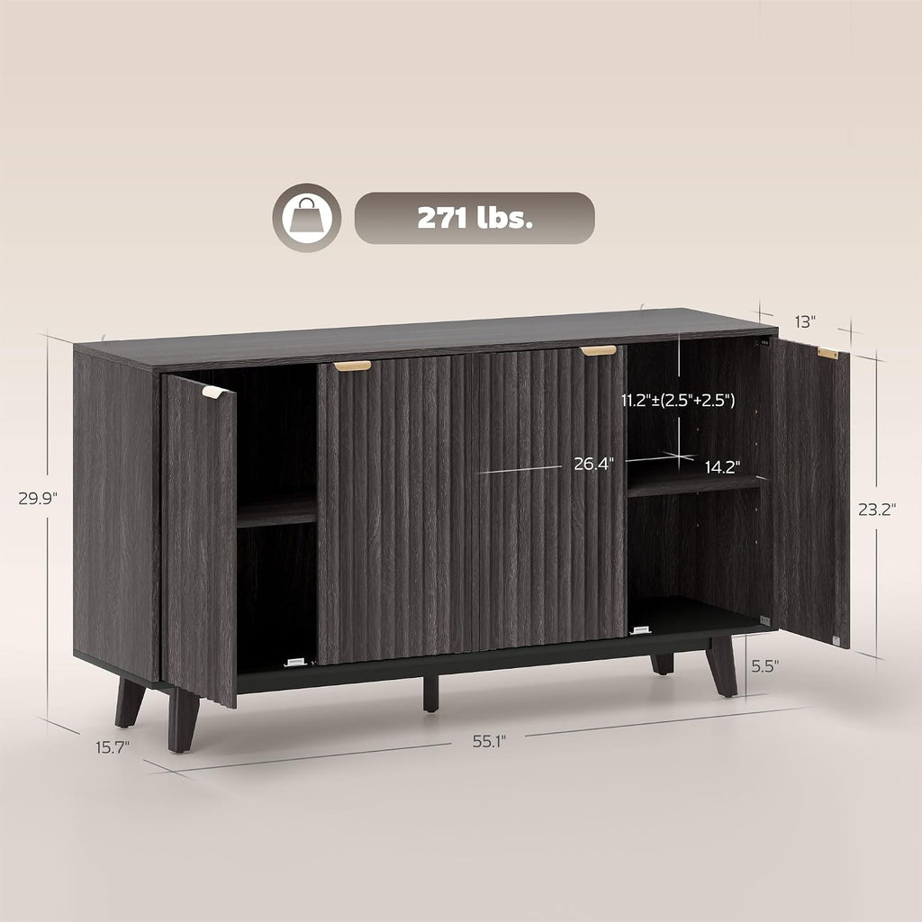 Fluted Sideboard Buffet Cabinet, 55" Modern Accent Console Cabinet with 4 Doors, 2 Adjustable Shelves and 5 Wood Legs