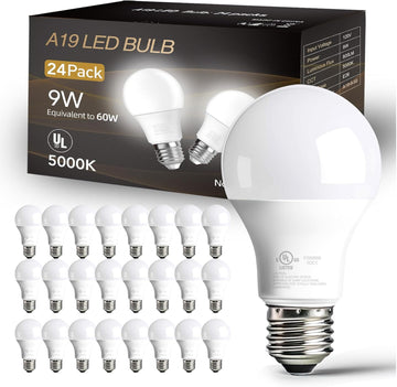 24 Pack LED Bulbs Daylight White 5000K, 60 Watt Equivalent A19 Standard Bulbs, E26 Base, 800 LM, Efficient 9W Energy
