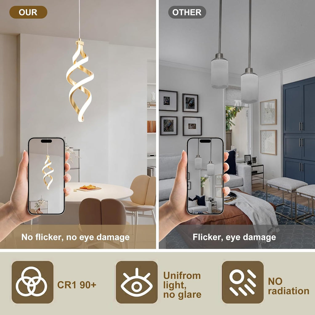 Modern Led Pendant Light Fixture, 15W Spiral Led Chandelier Hanging Lamp, 3000K-6000K, Dimmable Pendant Lamp