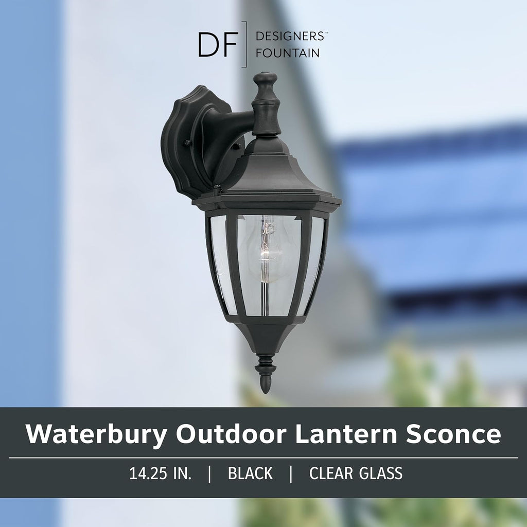 Waterbury Outdoor Light Fixture, 14.25 Inch Exterior Wall Lantern Sconce for Front Door, Patio and Porch, Black, 2461-BK