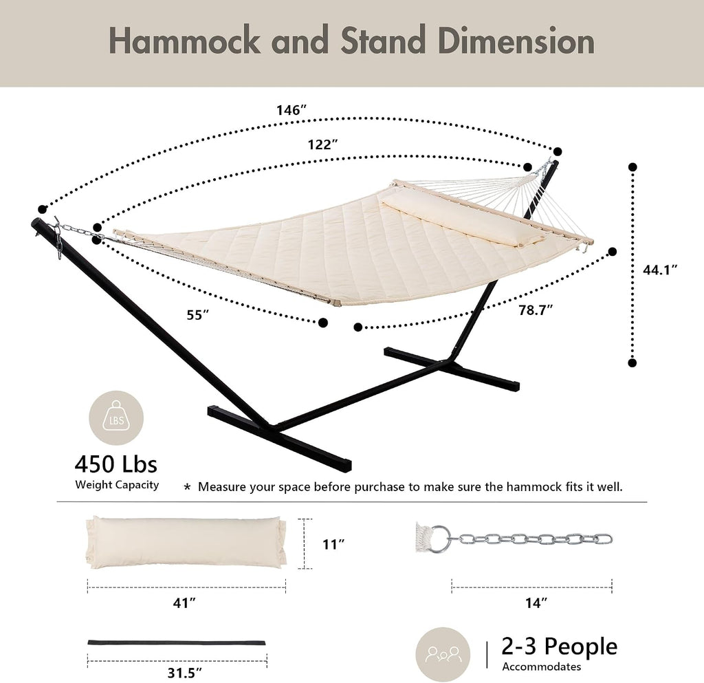Outdoor Hammock Heavy Duty Hammock with 12 Feet Steel Stand, Cream | Two Person Hammock with Stand and Balance Ropes