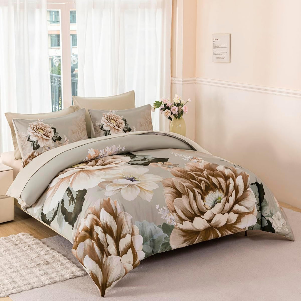 Comforter Set Full Khaki Floral Bedding Set 7 Pieces Flower Bed Set with Sheets Reversible Large Peony Printed On - Set of 7