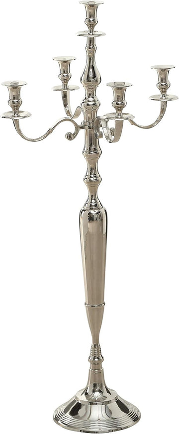 Romantic Hamptons Oversized 5 Candle Silver Candelabra | Hand Crafted Silver Aluminum Nickel, 41.25 Inches High, Over
