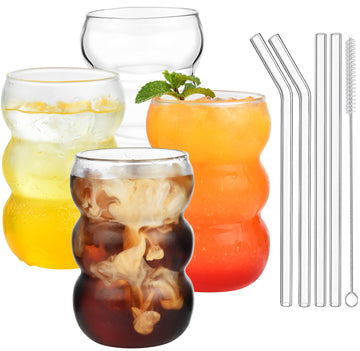 16 oz Large Ribbed Glassware Drinking Glasses with Straws Set of 4, Crystal Vintage Glassware Iced Coffee Cups