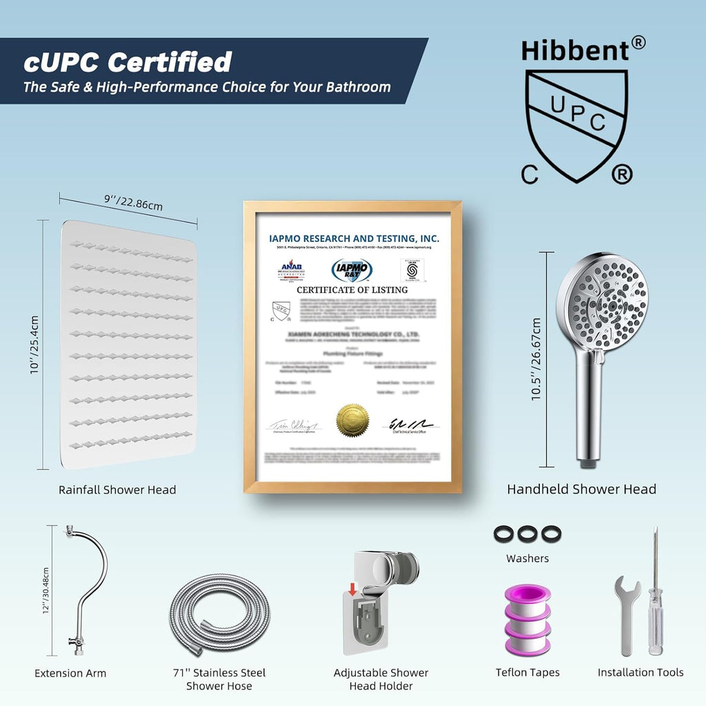 All Metal CUPC Certified Shower Head, 10'' High Pressure Rainfall Shower Head, Handheld Showerhead Combo
