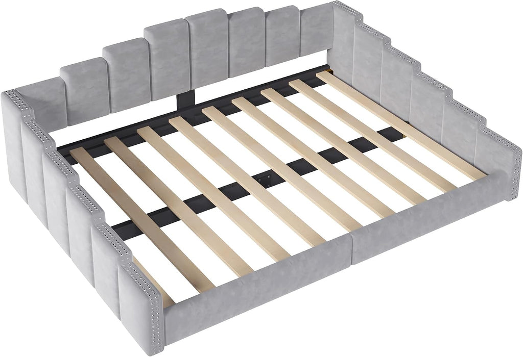 Upholstered Queen Size Daybed with Nailhead Trim, Velvet Platform Bed Frame, No Box Spring Needed, Gray | Velvet