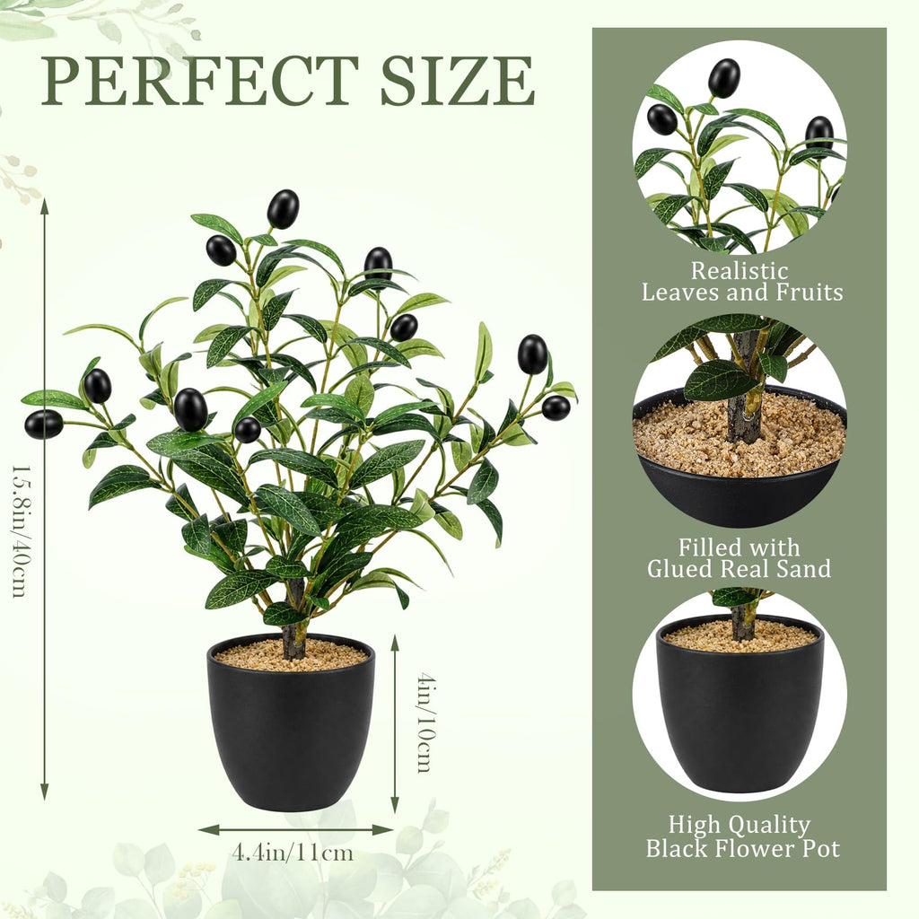 2 Pack 15.8 Inch Small Artificial Olive Tree Indoor, Plastic, Black