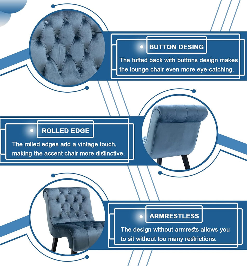 Comfy Velvet Accent Chair, Upholstered Armless Side Chair , Modern Small Lounger with Tufted Back and Rolled Edge