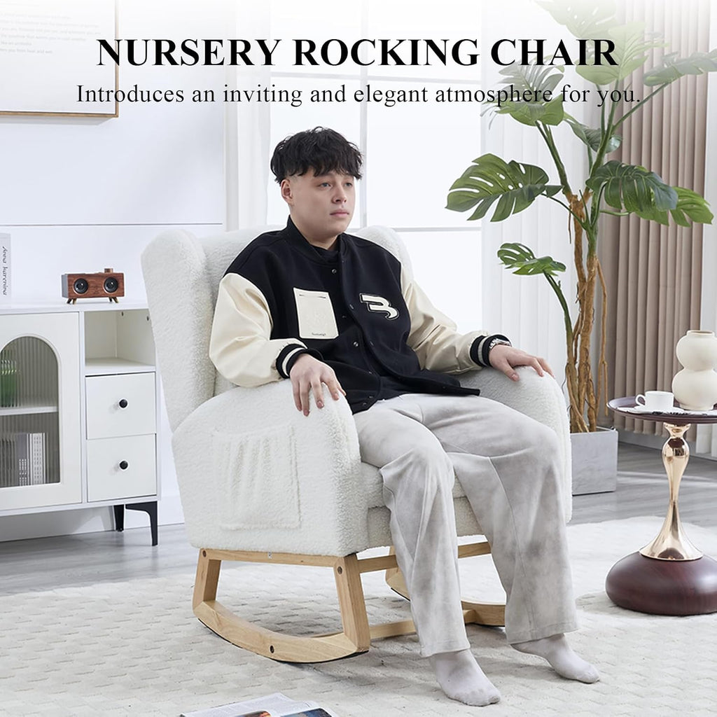 Nursery Rocking Chair with Footrest, Teddy Upholstered Glider Chair, Rocker Nursery Chair with Side Pocket, Glider