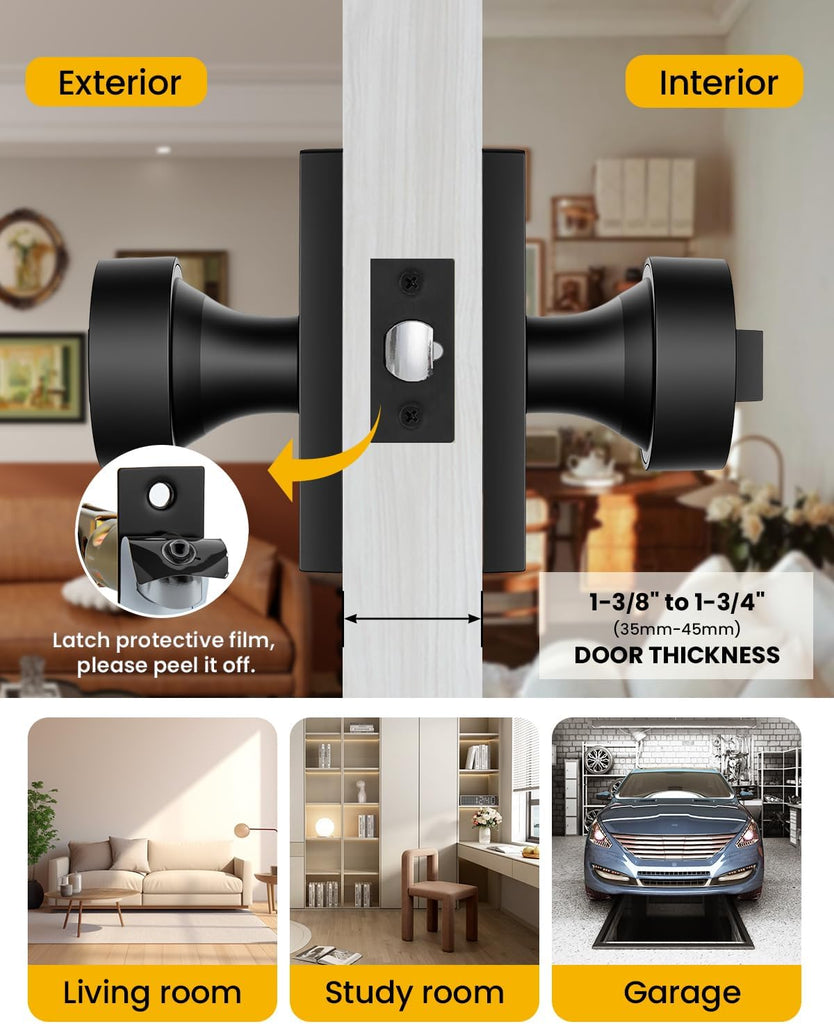 Matte Black Entry Door Knob, Keyed-Alike Exterior Door Knobs with Lock and Key, Security and Front Door Handles 1 Pack