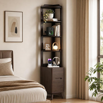 70" Tall Nightstand with Bookshelf, Corner Shelf Stand with Charger Station | Wall Wood Reversible Open Shelf, Modern
