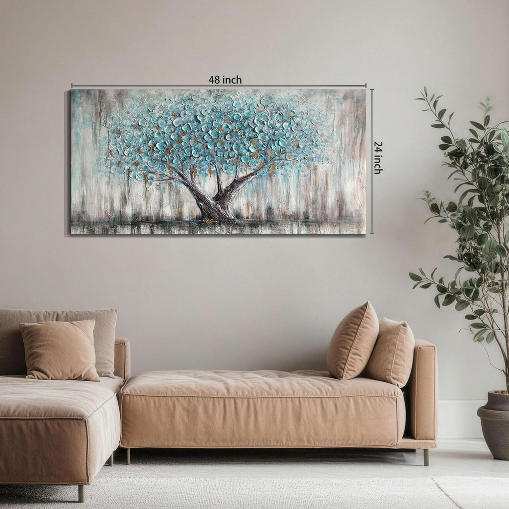 Tree Wall Art Canvas Blue Tree of Life Nature Teal Abstract Painting, Textured Picture Modern Panoramic Landscape