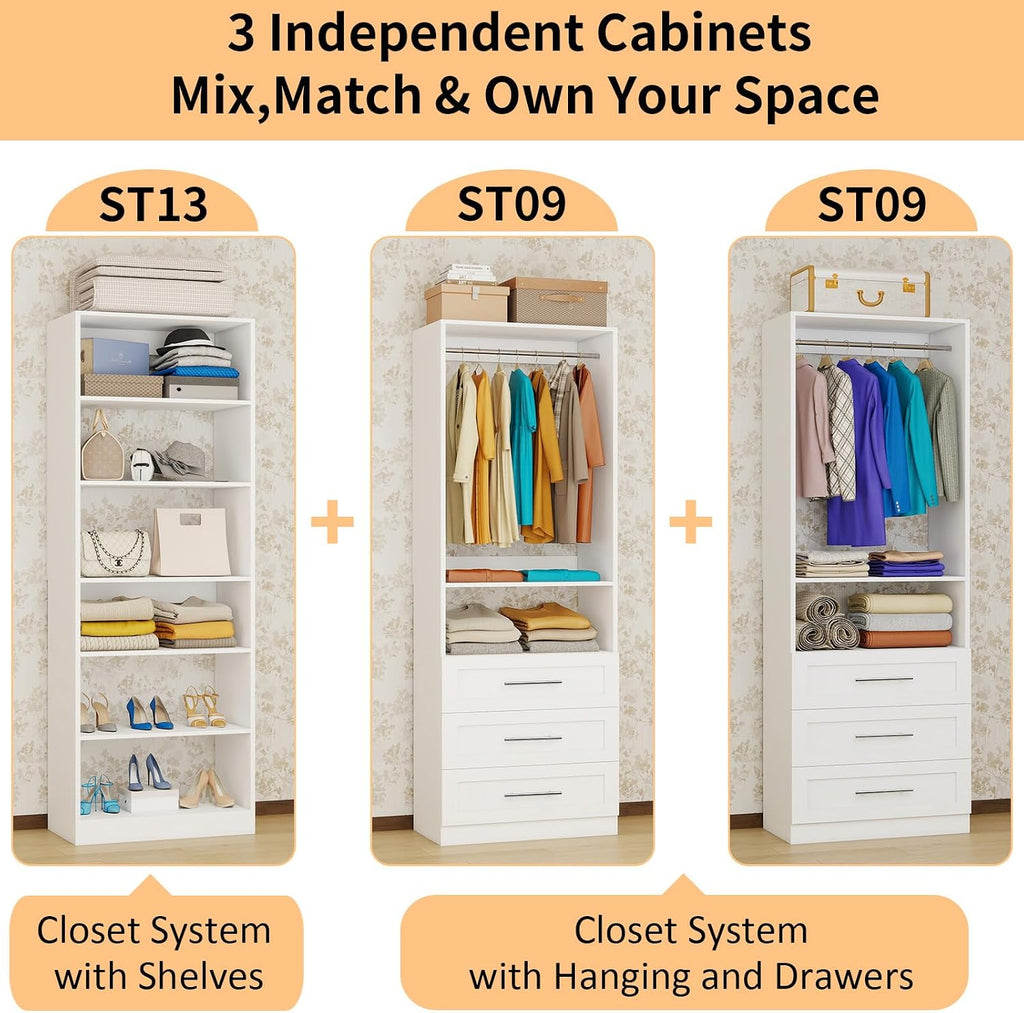 Closet System with 3 Sets, 6-15.8FT Custom Closet Organizer System with 6 Drawers & 8 Shelves & 5 Hanging Rods, Max