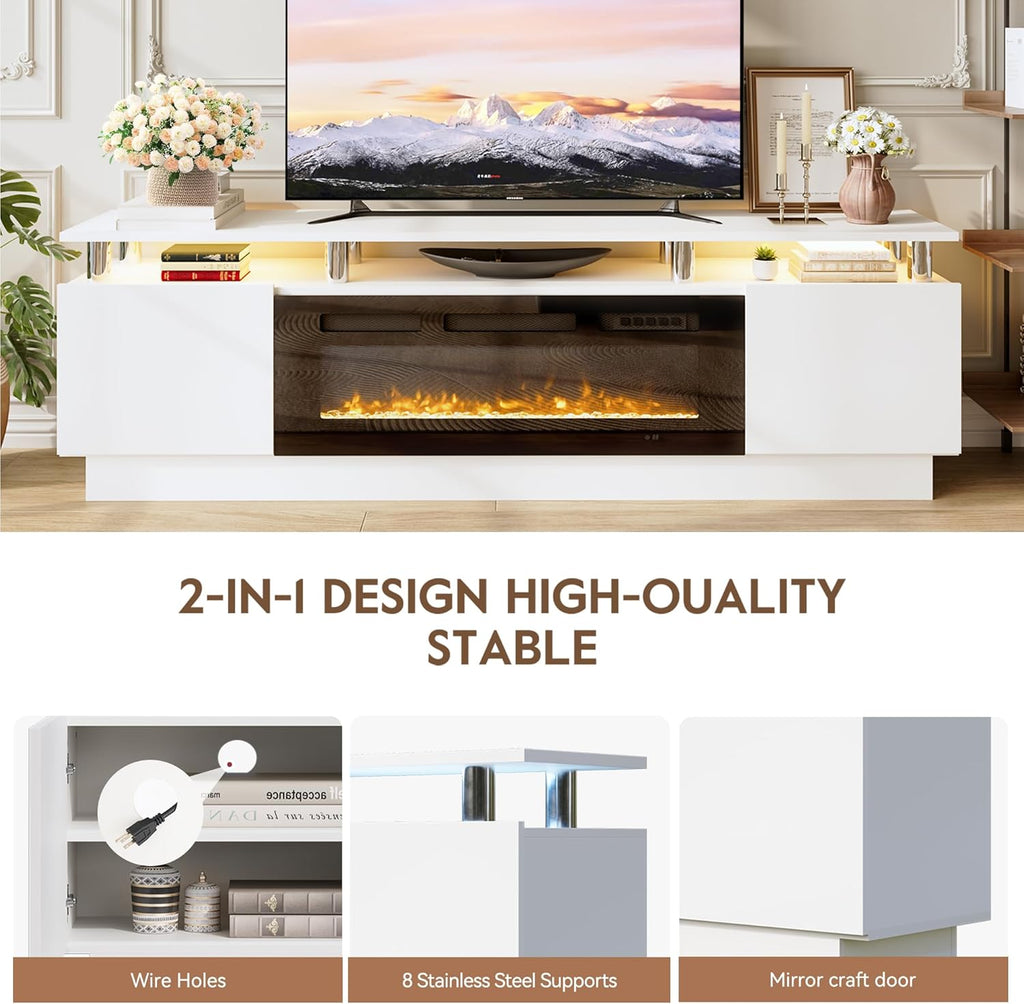 70" Fireplace TV Stand for TVs UP to 80", Electric Fireplace Entertainment Center with LED Lights & Storage Cabinets