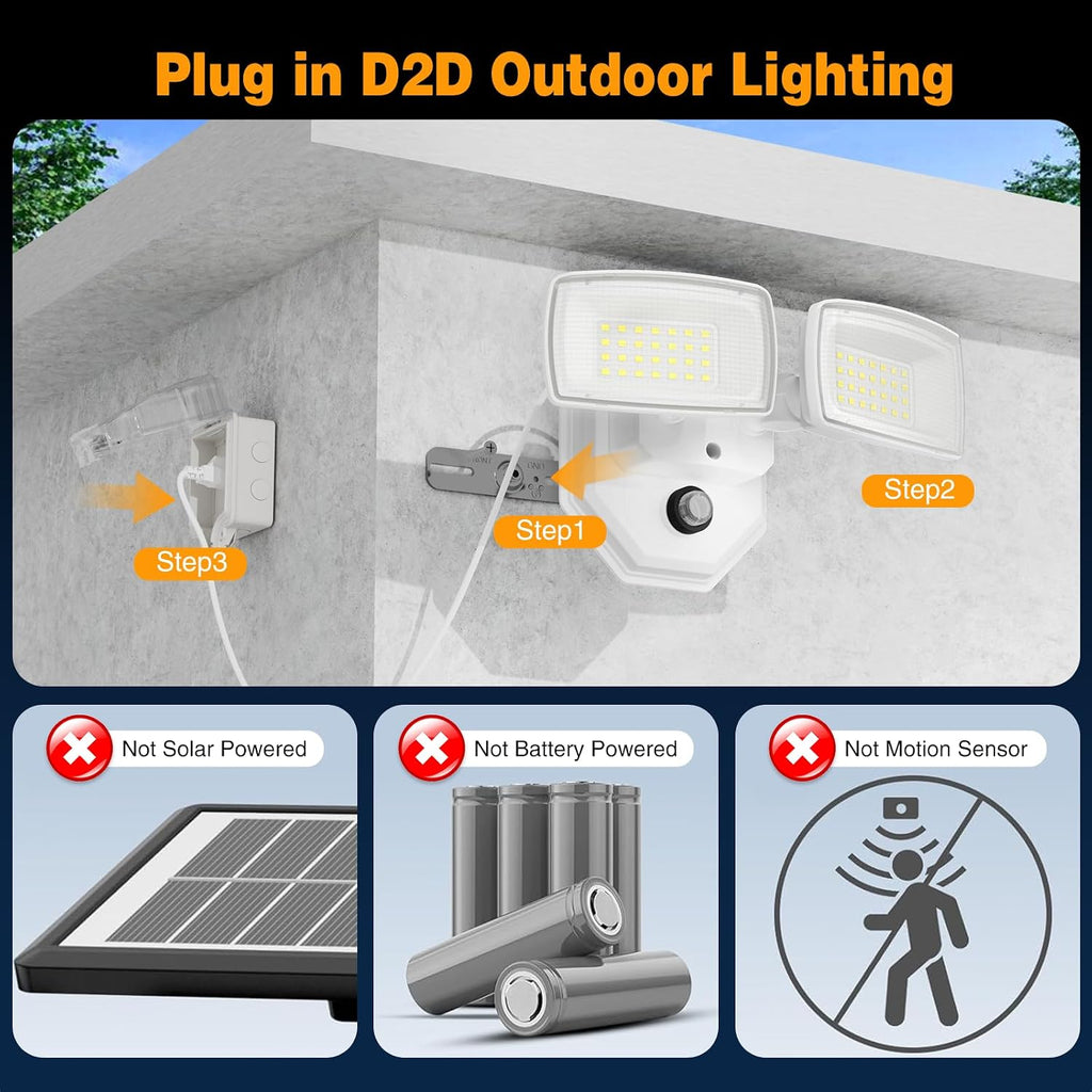 32W 3200LM Dusk to Dawn Outdoor Lighting,6500K Dual Heads Plug in Flood Light,White Outdoor Lighting,IP66 Waterproof