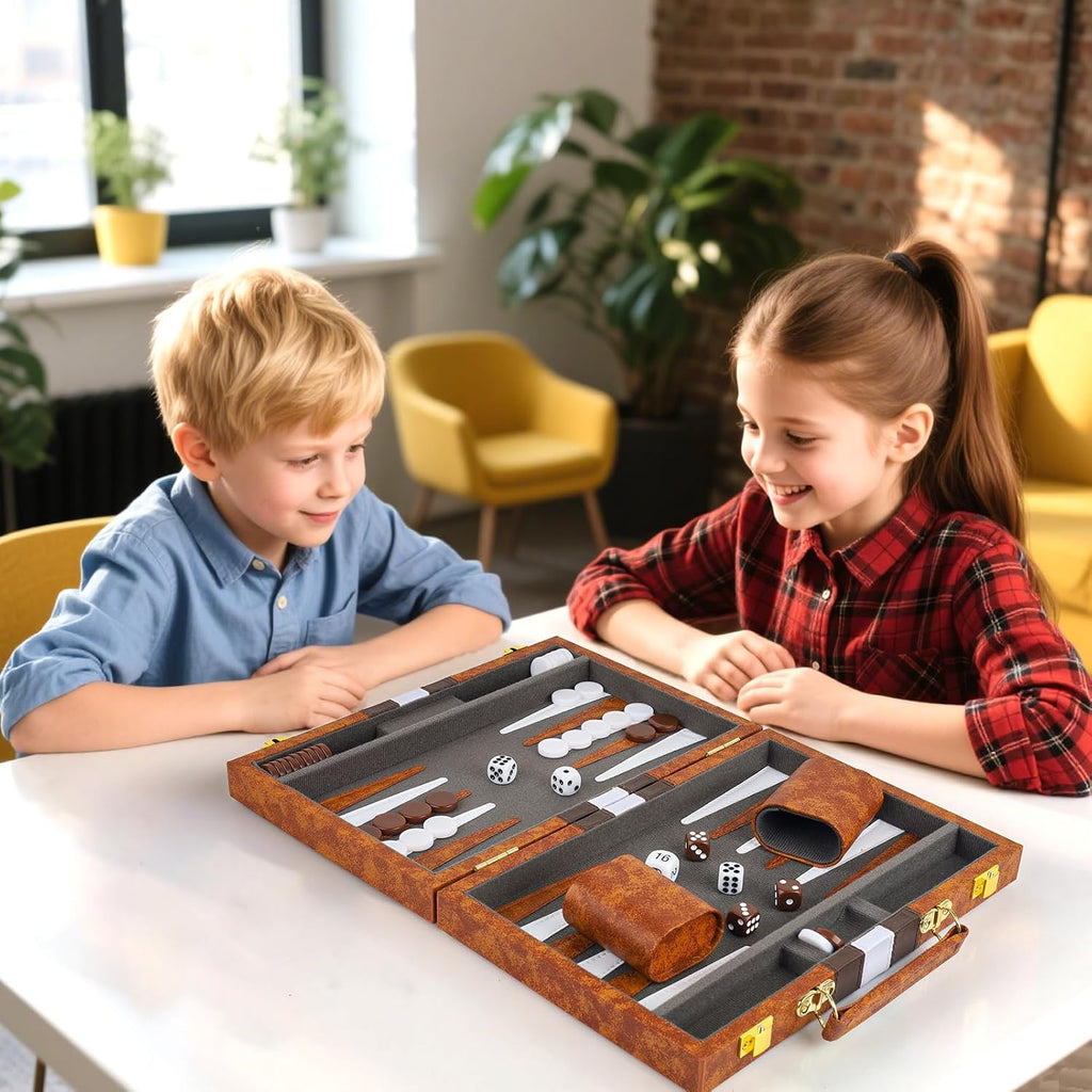 Backgammon Set, 11 Inch Portable Board Game with PU Leather Case for Adults, Brown Backgammon Travel Set