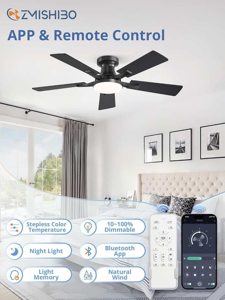 42 Inch Ceiling Fan with Light, App&Remote Control, Flush Mount Low Profile, Dimmable 20W LED Light, Quiet Reversible Motor for Bedroom, Living Room, Apartment, Black