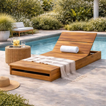 Patio Chaise Lounge Chair Outdoor, Acacia Wood Poolside Sun Lounger with Slatted Design, 3-Position Adjustable