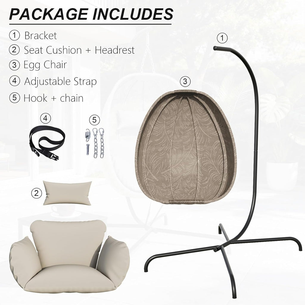 Foldable Egg Chair with Stand, 485LBS Capacity Textilene Hammock Swing Chair for Outdoor & Indoor, Patio Hanging