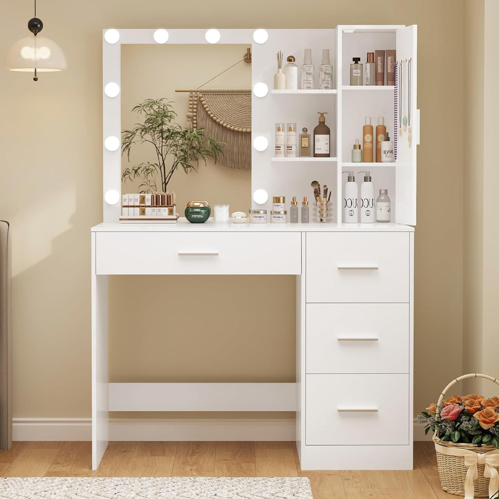 Vanity Desk with Mirror and Lights, Makeup Vanity with 4 Drawers, Cabinet & 4 Necklace Hooks, White Vanity with