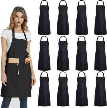 12 Pack Plain Bib Aprons with 2 Pockets - Black Unisex Commercial Apron Bulk Cooking Restaurant BBQ Painting Crafting