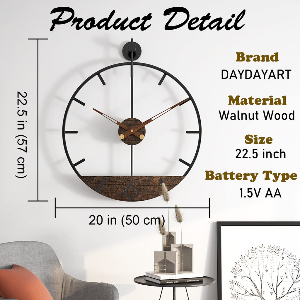 Modern Wood Walnut Dial Wall Clock, Large Simple Wall Decor Metal Frame Silent Non Ticking Clock Decor, Kitchen