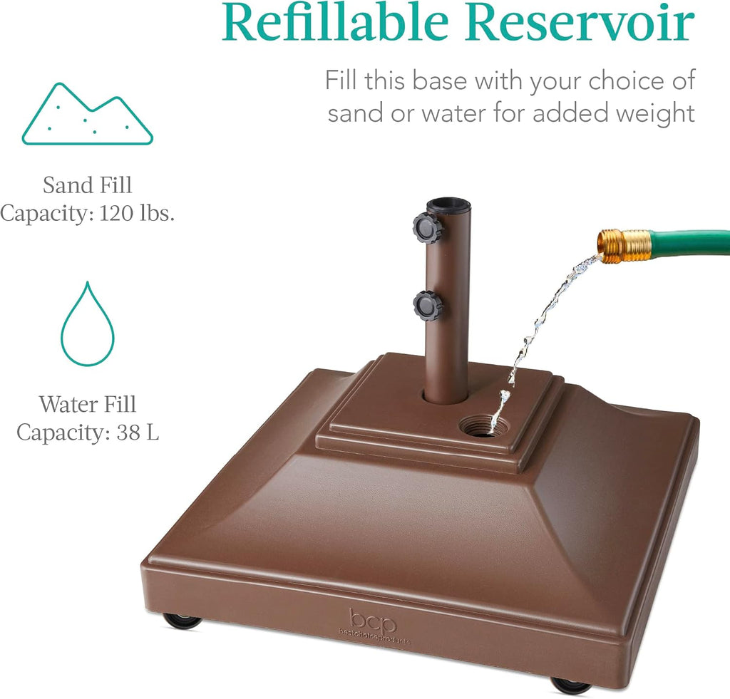 Fillable Mobile Umbrella Base, Heavy Duty Base, Square Tiered Market Stand w/ 4 Wheels, 2 Locks, 2 Knobs - JPSC