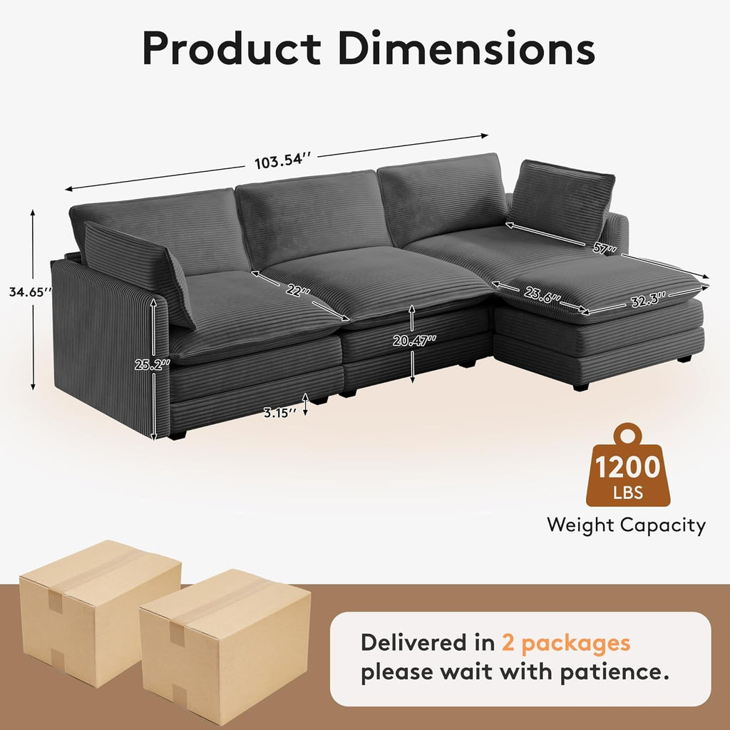 104'' Modular Sectional Cloud Couch with Movable Ottoman, 4 Seat Modern Corduroy Sofa, Deep Seat L Shaped Couch