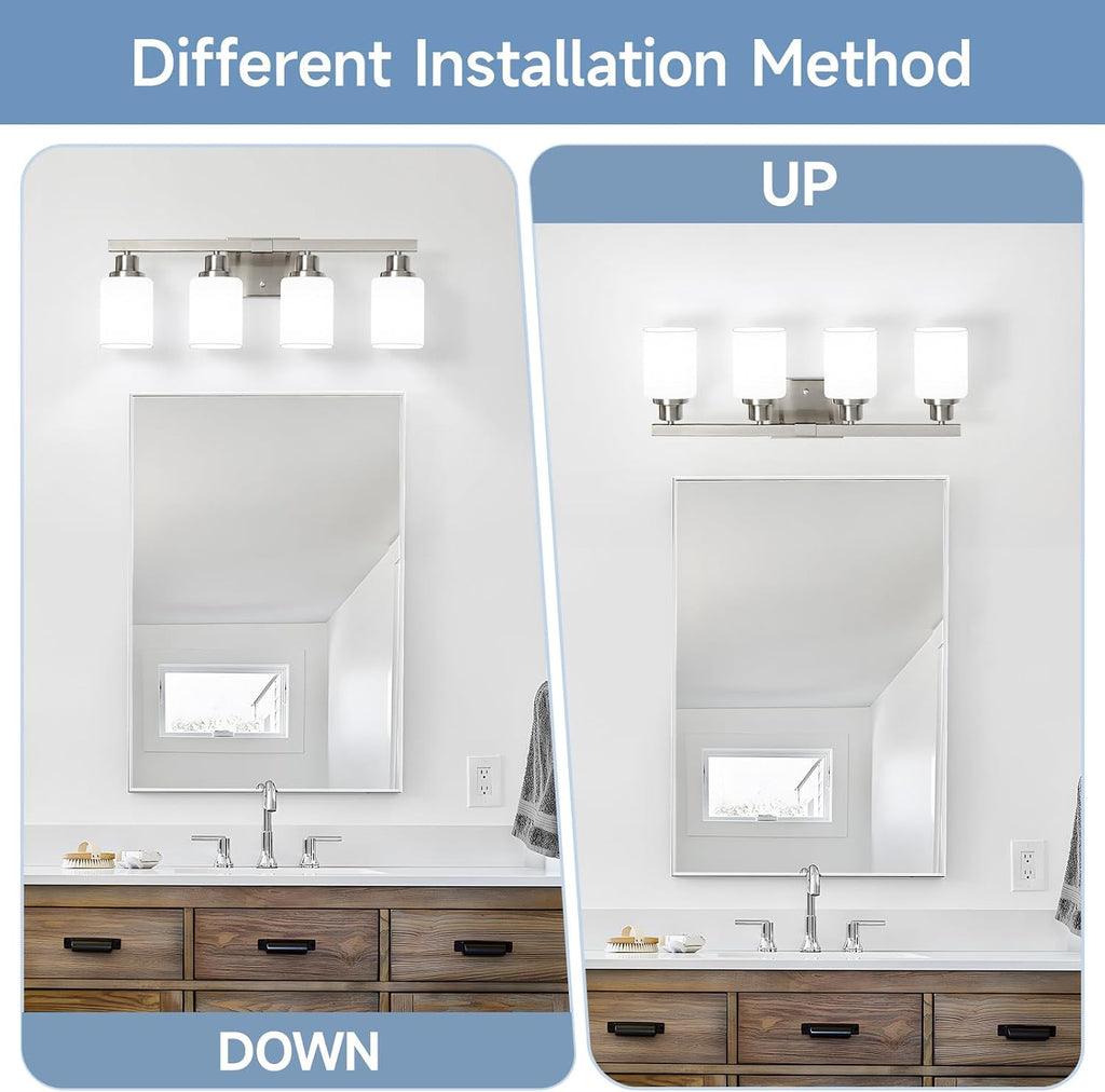 4-Light Bathroom Vanity Light,Brushed Nickel Vanity Lights with Square Frosted Glass,Modern Bathroom Wall Lights