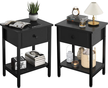 Nightstands Set of 2 with Drawers, Bedside Table Set of 2 with Storage Shelf, Heavy Duty End Side Table Bedroom Small