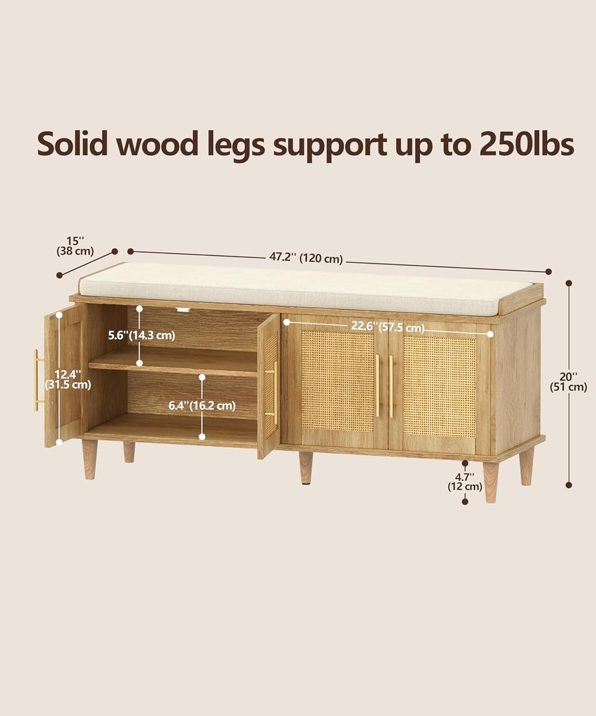 Rattan Shoe Storage Bench with Cushion, 2-Tier Entryway Bench with Adjustable Shelves and 4 Doors, 15" D x 47.2" W x