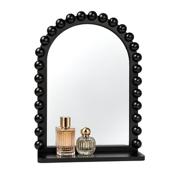Arched Wall Mirror with Shelf, 12x16 Inch Wooden Bead Bathroom Mirror, Decorative Hanging Vanity Mirror, Black