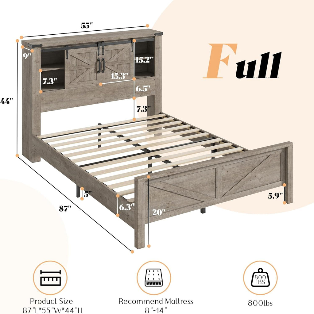 Farmhouse Full Bed Frame with Storage Headboard & Charging Station, Rustic Wood Platform Bed with Barn Door Bookcase