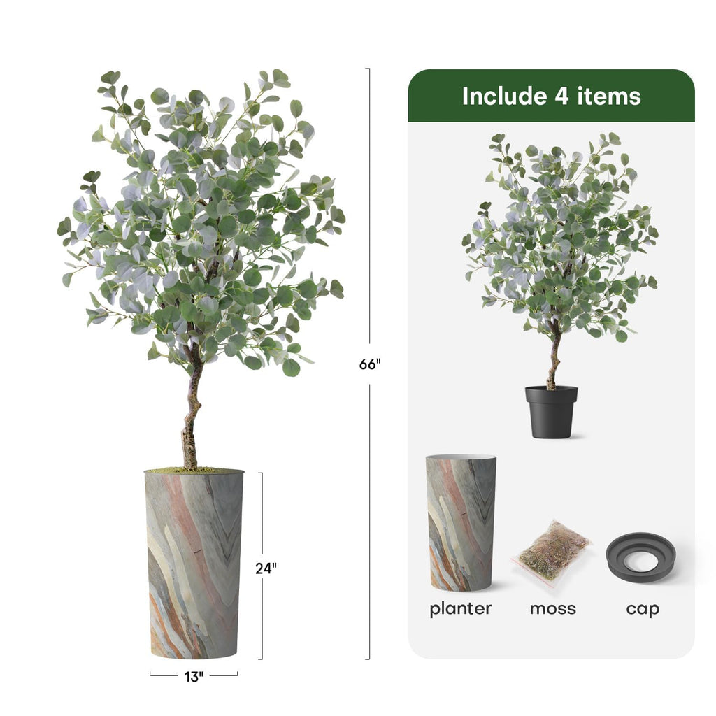 Artificial Tree in Contemporary Planter, Fake Eucalyptus Silk Tree for Indoor and Outdoor Home Decoration - 66"