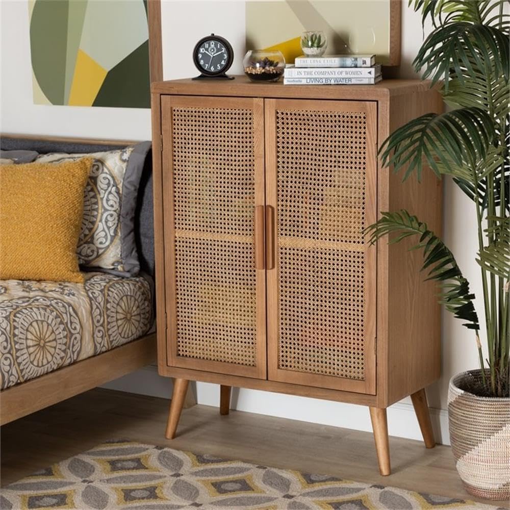 Mid-Century Wood/Rattan 2-Door Storage Cabinet, Oak Finish, 44.29" H x 31.5" W x 14.17" D, Adjustable Shelves, Angled