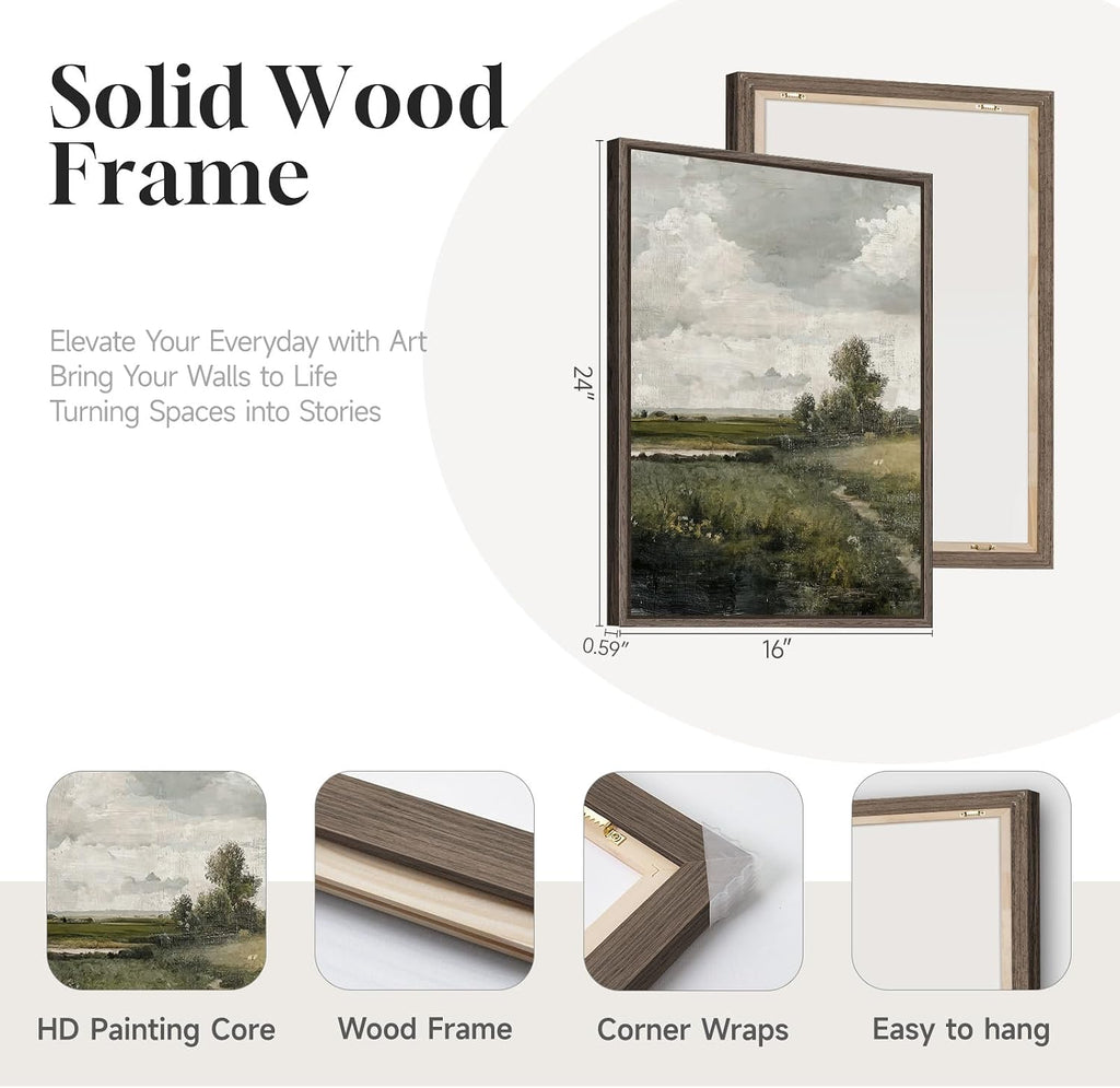 3 Piece Framed Vintage Landscape Canvas Wall Art Set, Large Green Tree and Floral Farmhouse Artwork for Walls, French