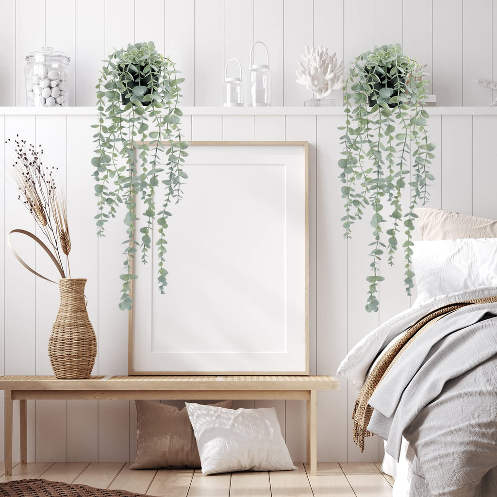 2 Pcs Artificial Eucalyptus Plants Shelf Hanging Fake Plant in Pot for Wall Bedroom Home Patio Indoor Outdoor Decor