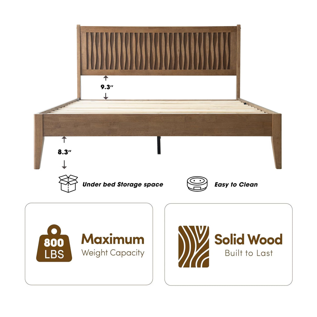 Queen Size Bed Frame with Headboard & Footboard Solid Wood Platform Bed, Metal Legs, 12 Sturdy Slatted Structure, No