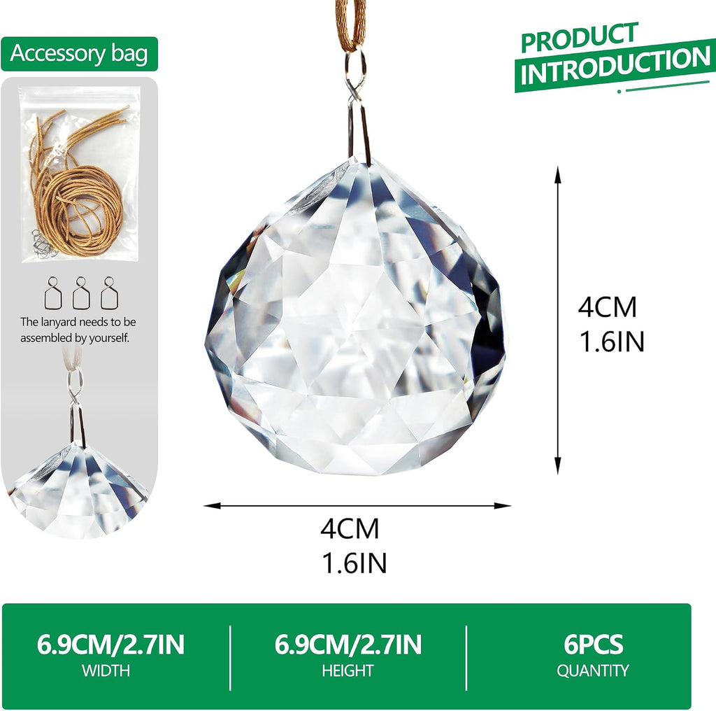 40mm Crystal Ball Sun Catcher Prisms for Tree (6pcs) - Chandelier Crystals Replacement, Rainbow Maker